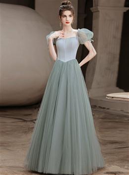 Picture of Tulle A-line Simple Beaded Evening Party Dresses, Satin Top Long Prom Dresses